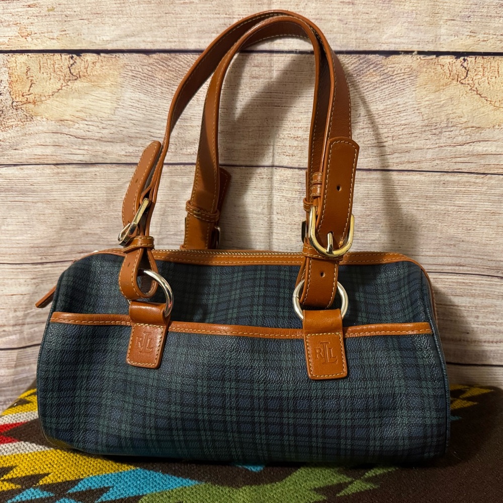 Ralph Lauren Green Plaid Shoulder Bag with Tan Leather Trim